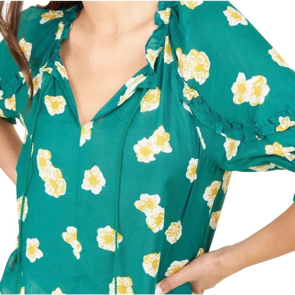 Daniel Rainn Plus 2X Green Floral Ruffle Blouse Linen Cotton Peasant Top